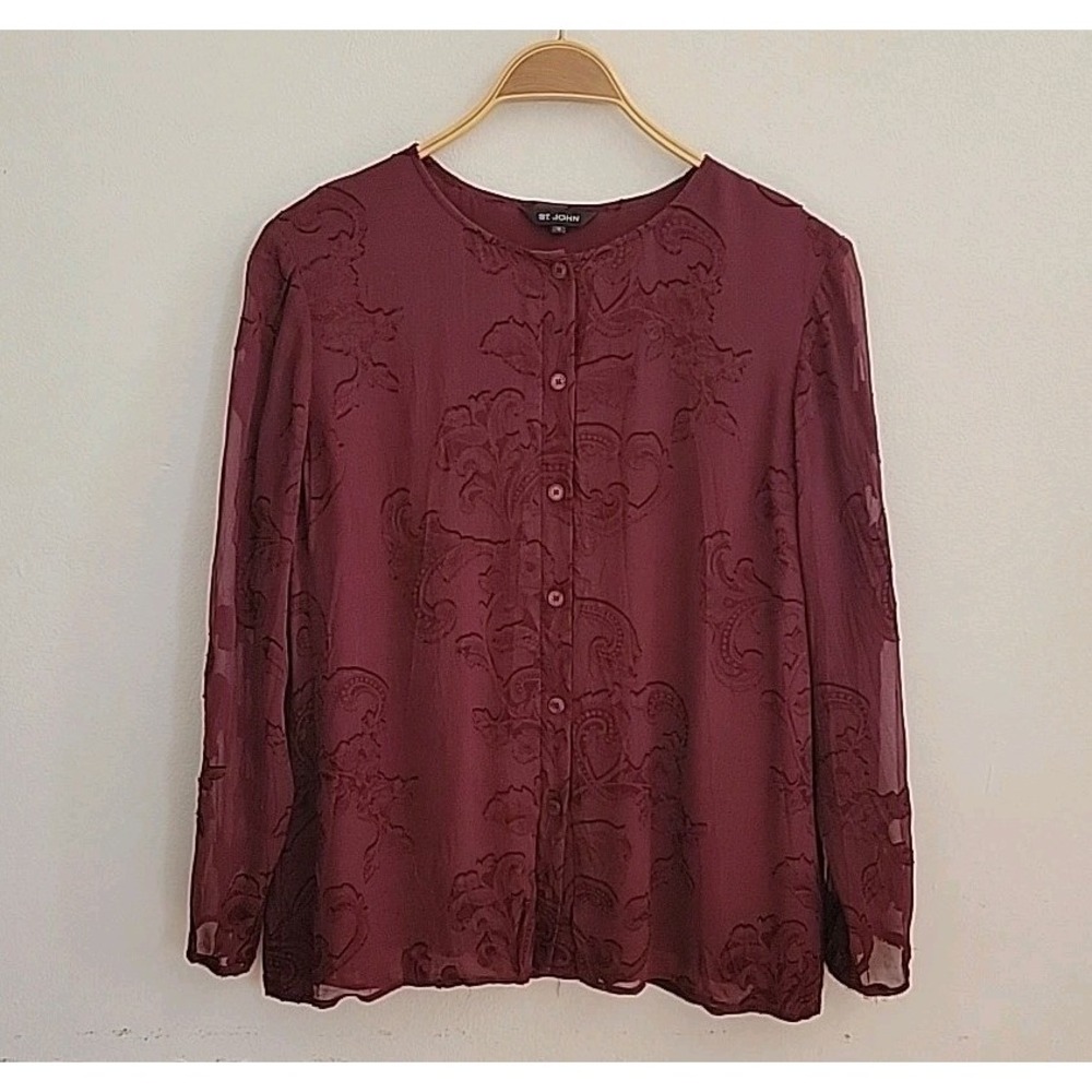 St John Vintage Maroon Silk Blend Button Up‎ Blouse 12 Long Puff Sleeve Crewneck